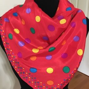 Polka dot scarf 31” Sq red & multi colors
